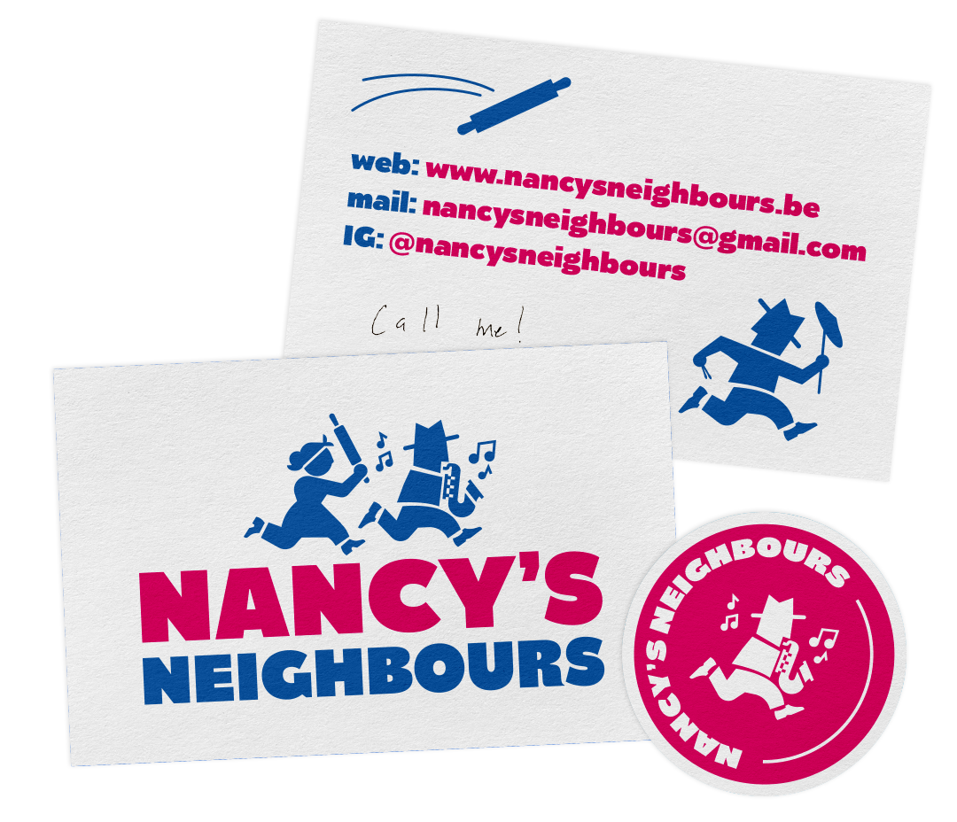 Business card with basic contact info: nancysneighbours.be, nancysneighbours@gmail.com
