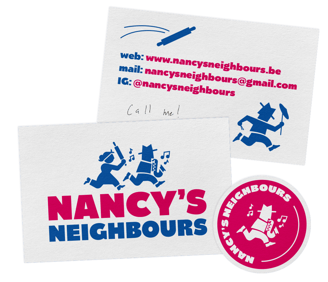 Business card with basic contact info: nancysneighbours.be, nancysneighbours@gmail.com